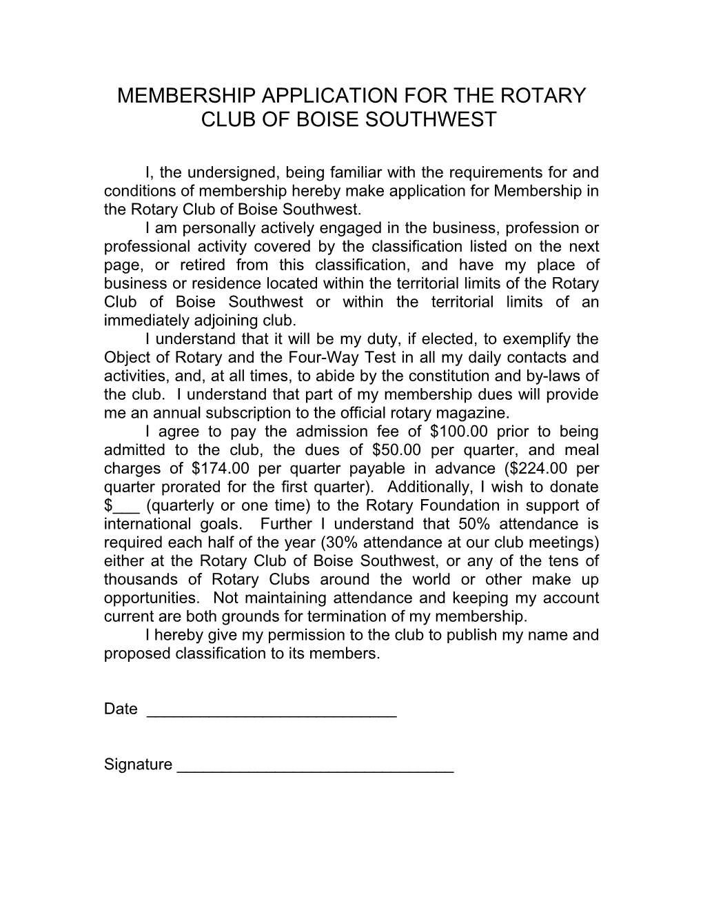 Membership Application for the Rotary Club of Southwest Orlando