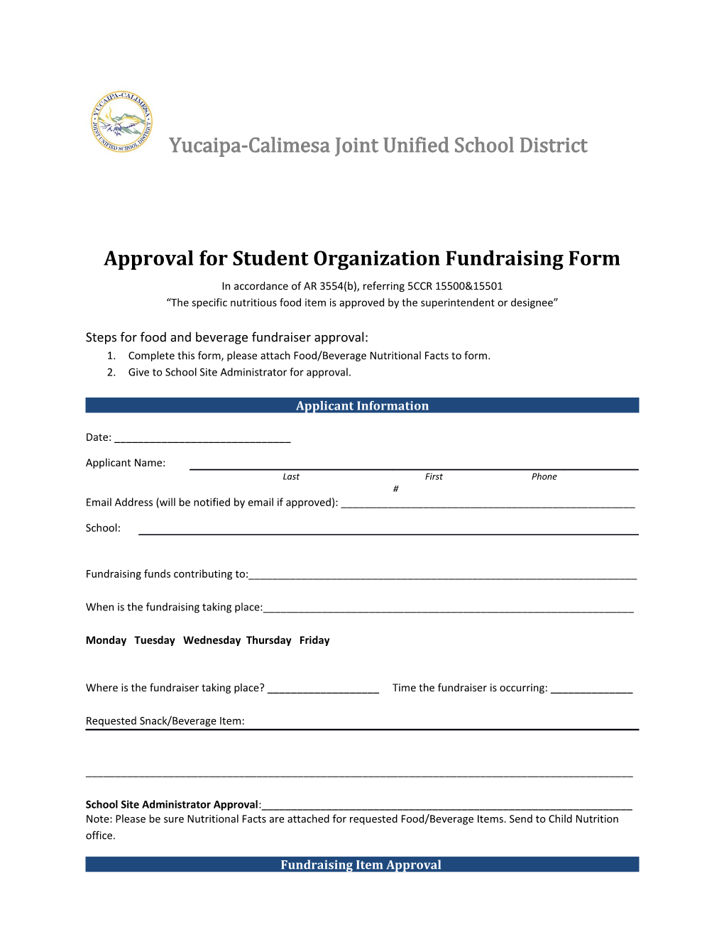 Approval for Student Organization Fundraising Form