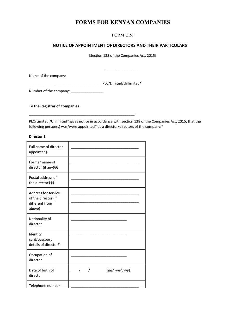 Forms for Kenyan Companies