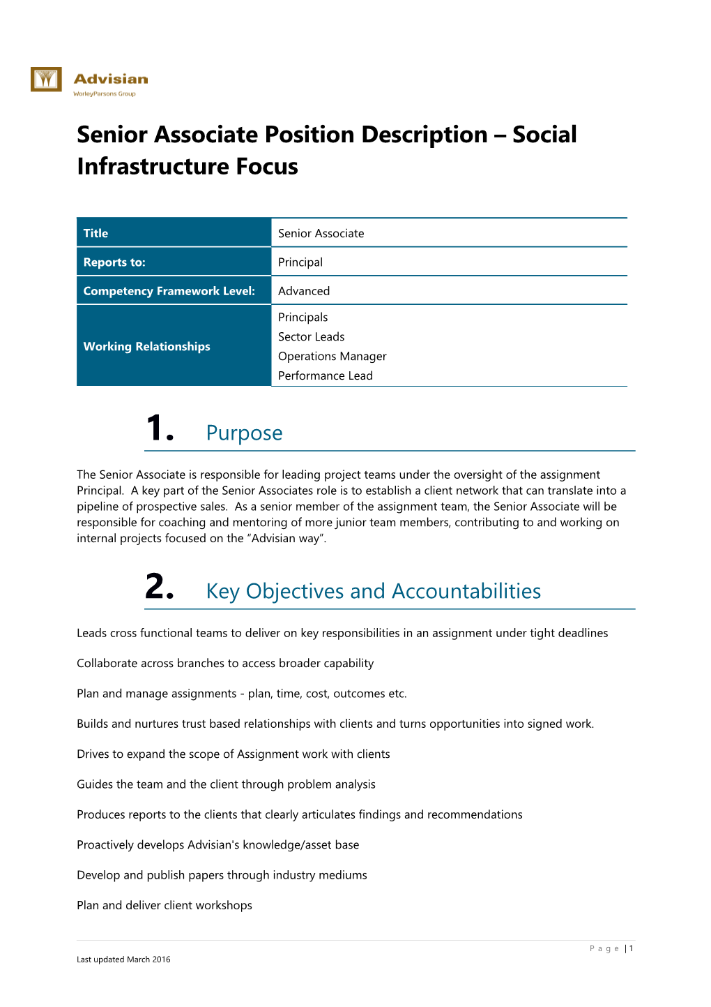 Senior Associate Position Description Social Infrastructure Focus