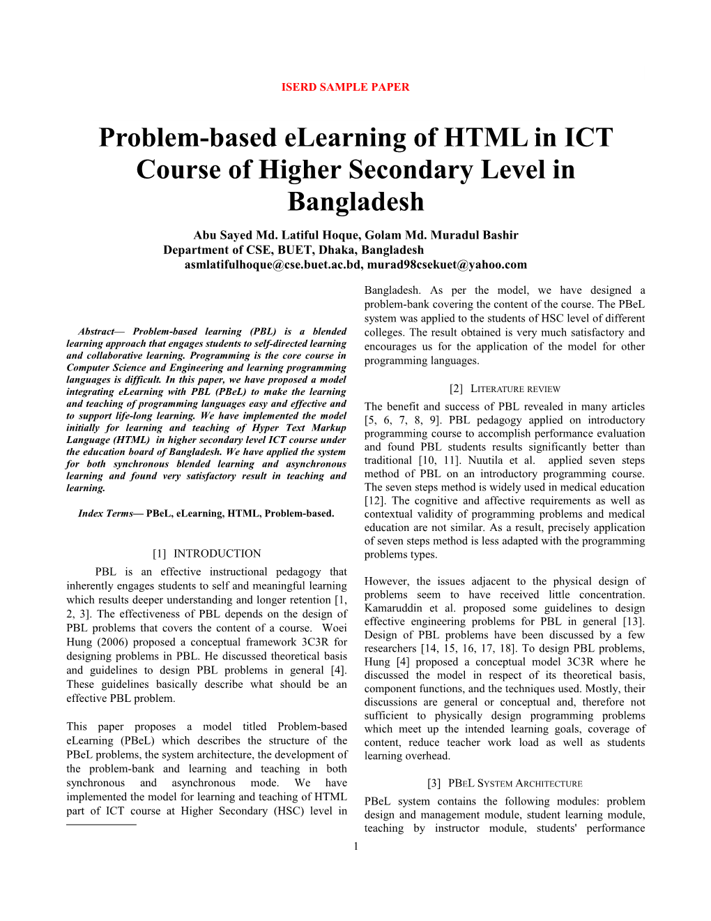 Problem-Based Elearning of HTML in ICT Course of Higher Secondary Level in Bangladesh