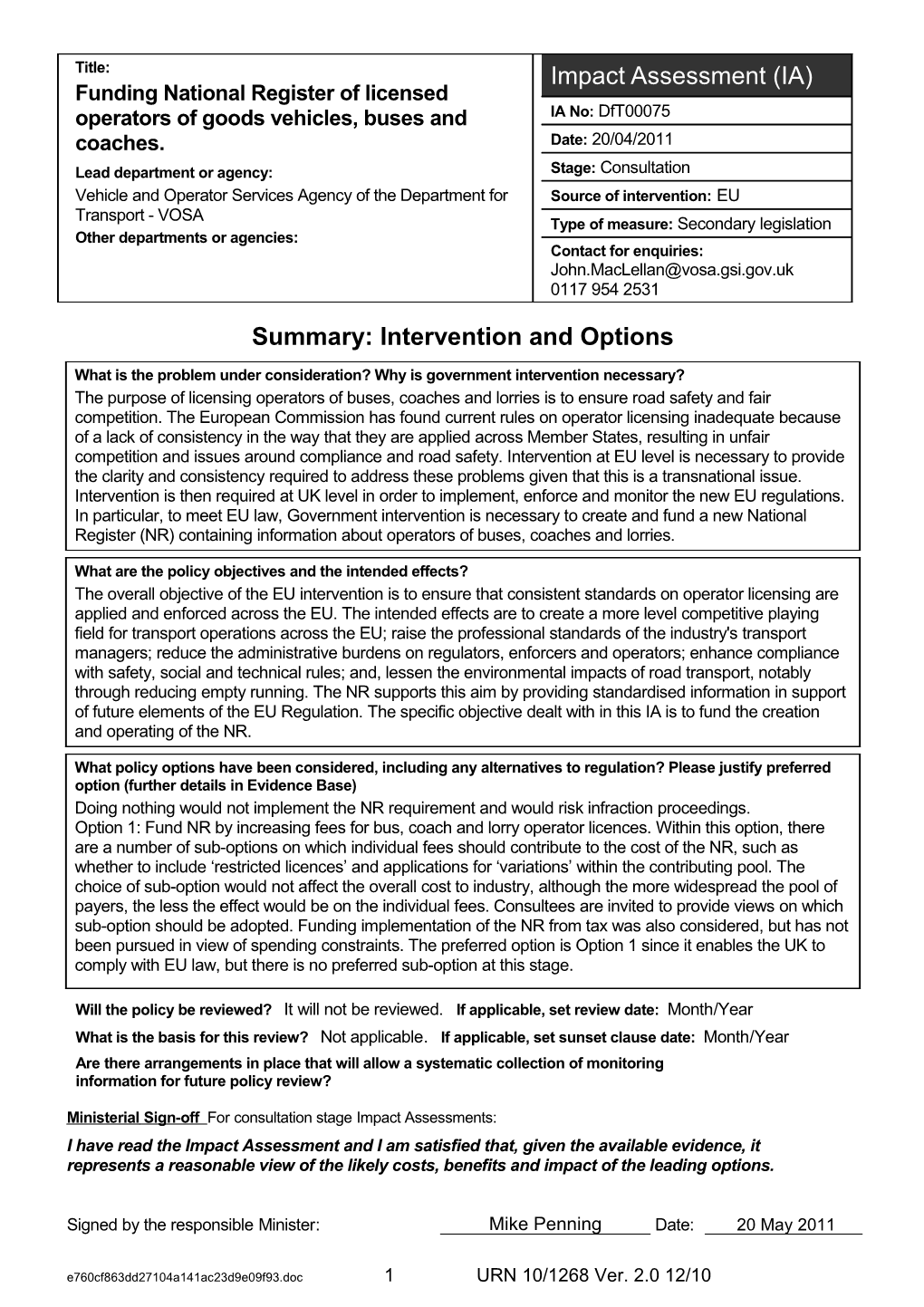 Consultation Dft-2011-18 - Impact Assessment - Natinal Register