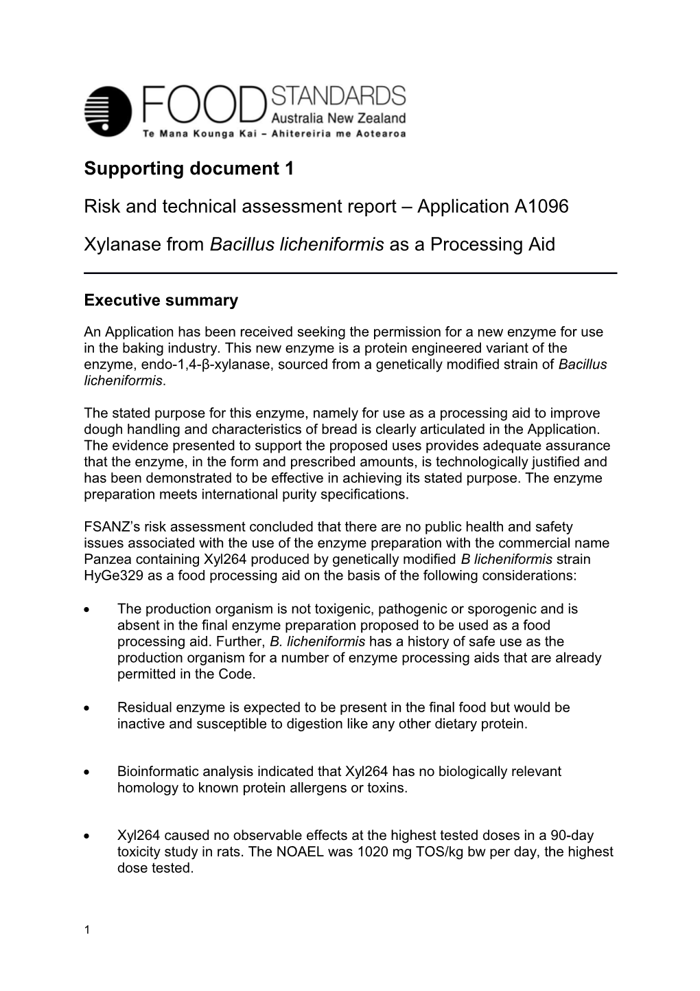 Risk and Technical Assessment Report Application A1096