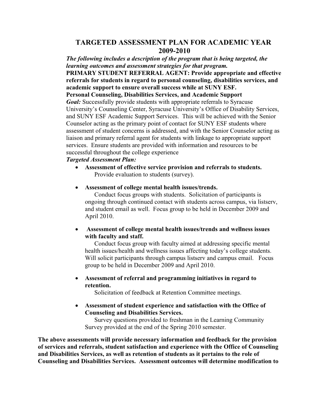 Targeted Assessment Plan for Academic Year