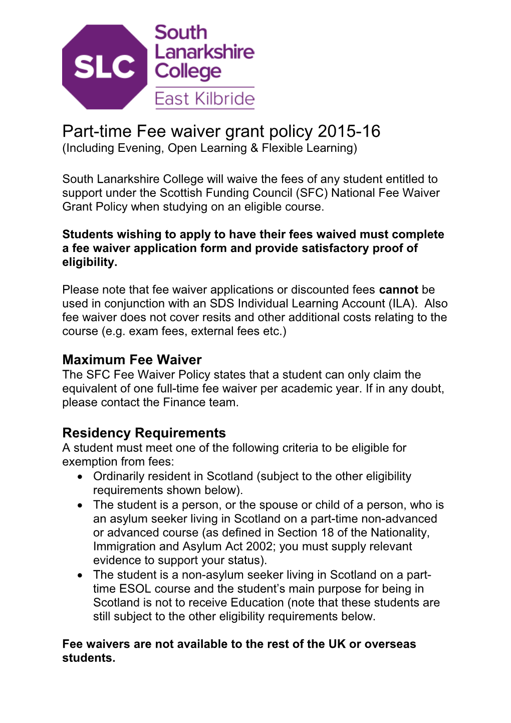 Part-Time Fee Waiver Grant Policy 2015-16