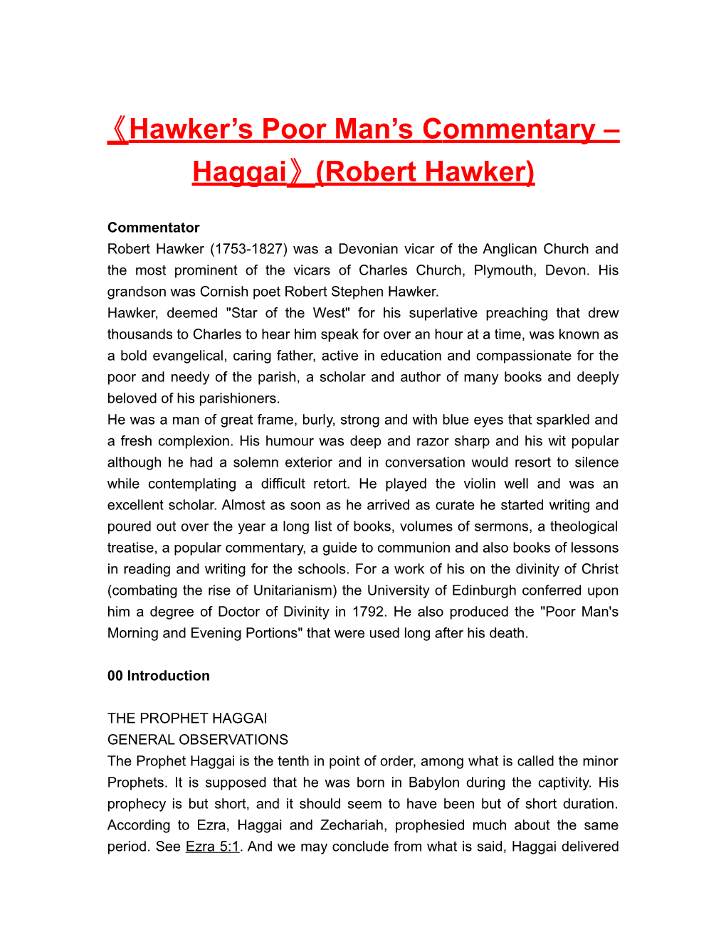 Hawker S Poor Man Scommentary Haggai (Robert Hawker)