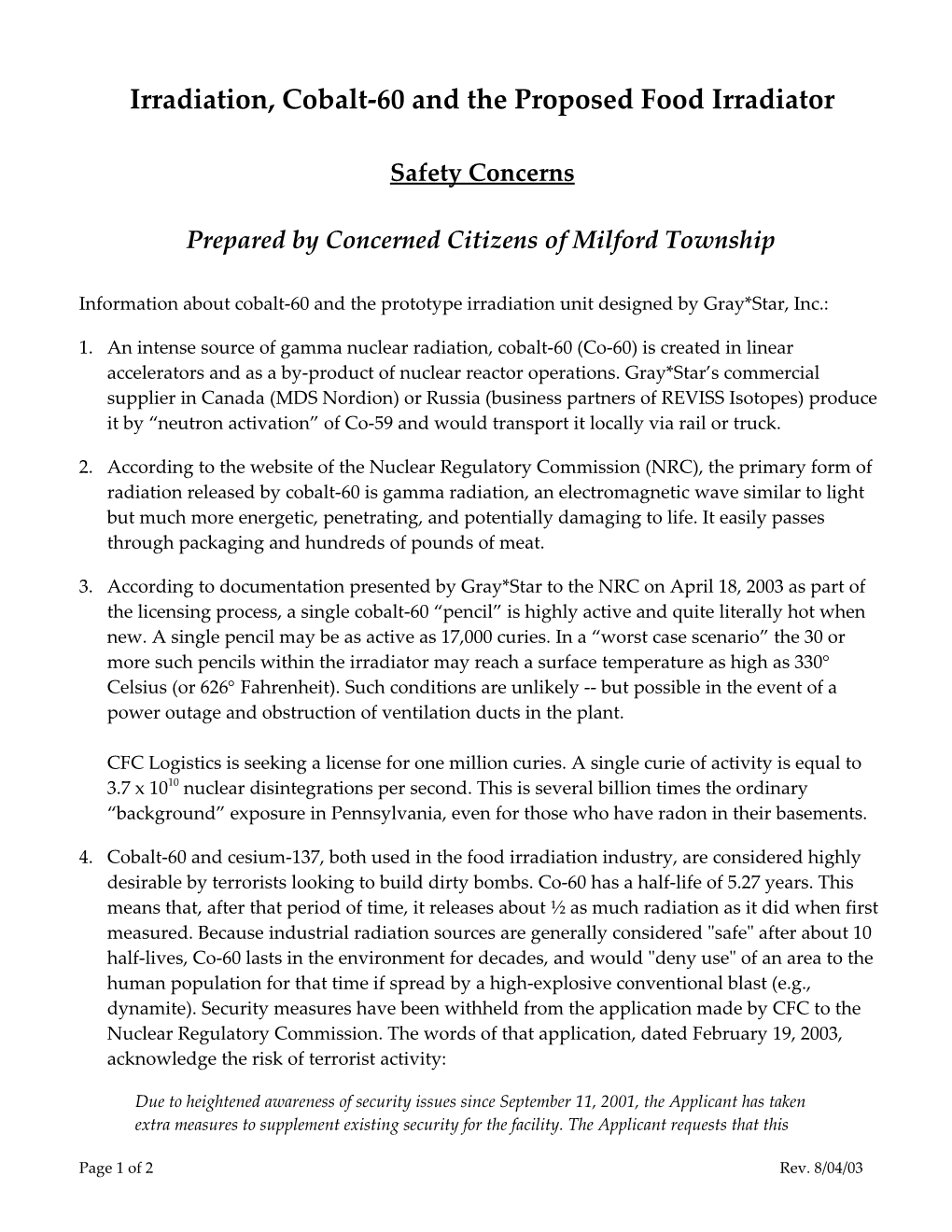 Fact Sheet: Irradiation, Cobalt-60, and the Proposed Irradiation Unit in Milford Township