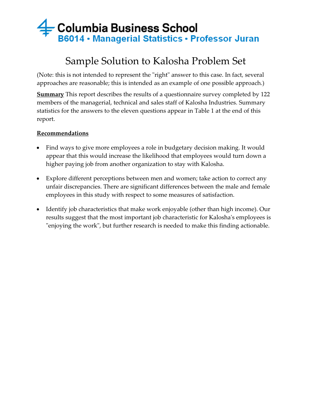 Sample Solution to Kalosha Problem Set