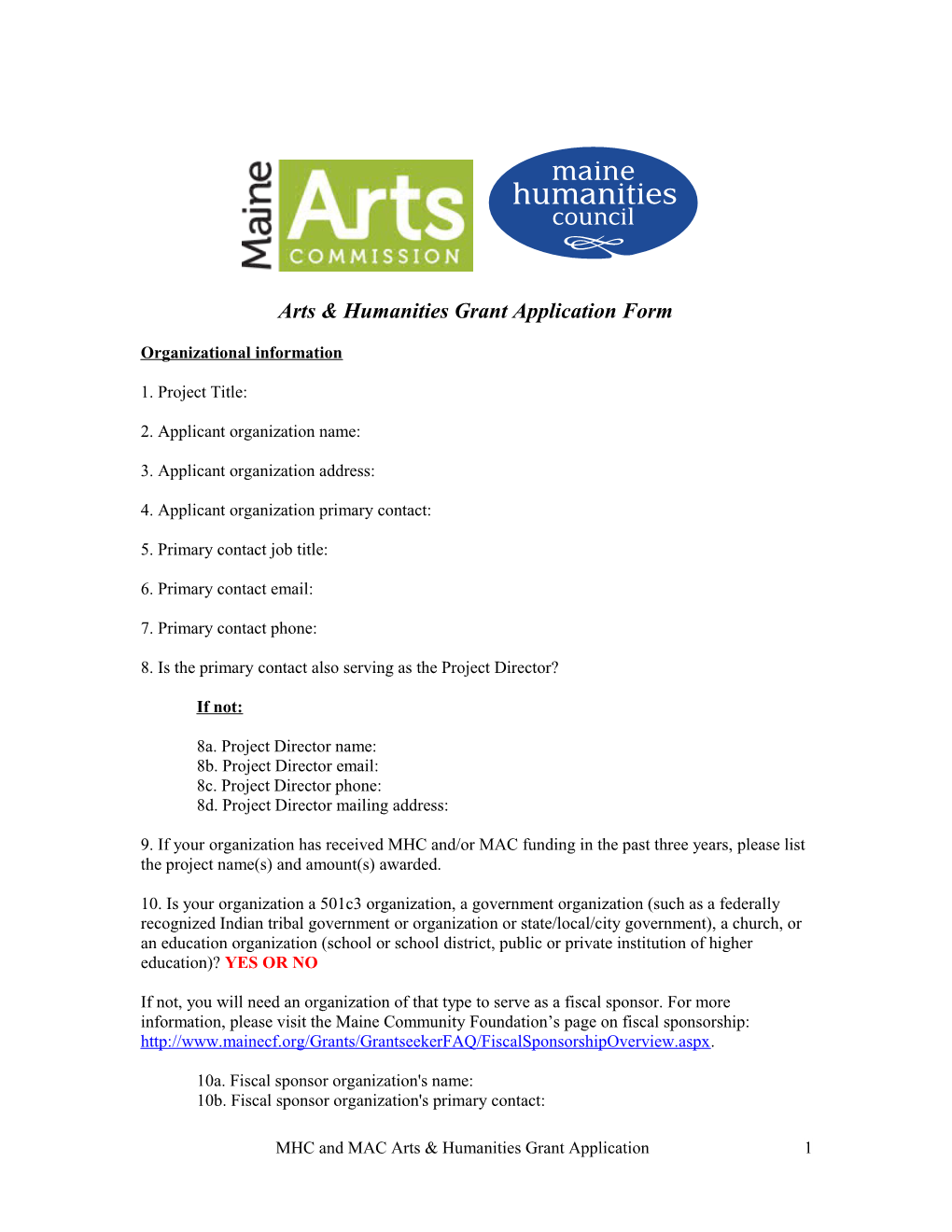 Arts & Humanities Grant Application Form