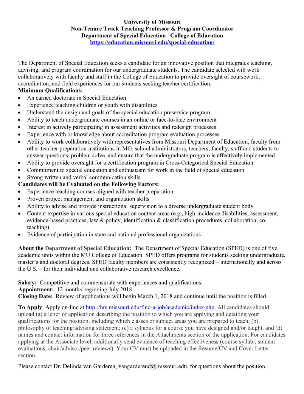 Non-Tenure Track Teaching Professor & Program Coordinator