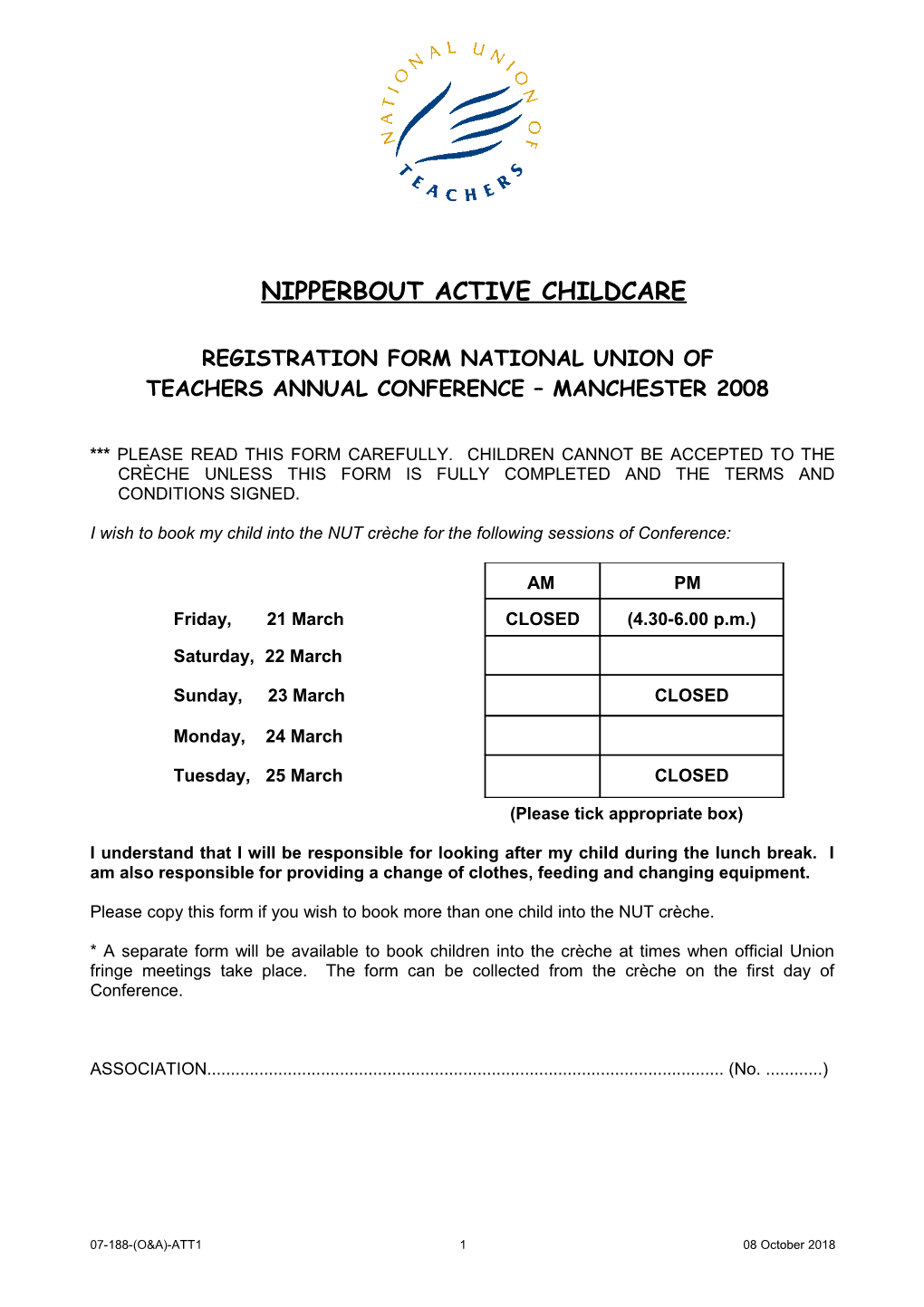 Registration Form National Union of Teachers Annual Conference Manchester 2008