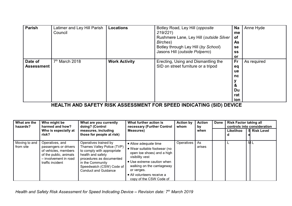 Health and Safety Risk Assessment for Speed Indicating (Sid) Device