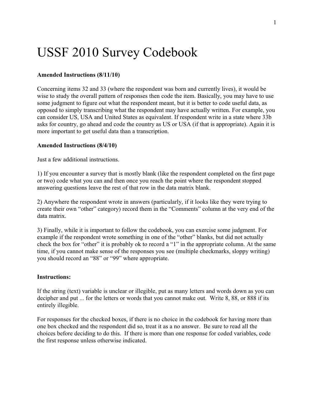USSF 2010 Survey Codebook