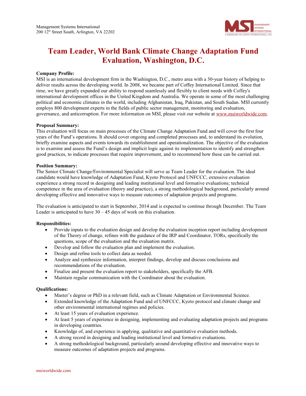 Team Leader, World Bank Climate Change Adaptation Fund Evaluation, Washington, D.C