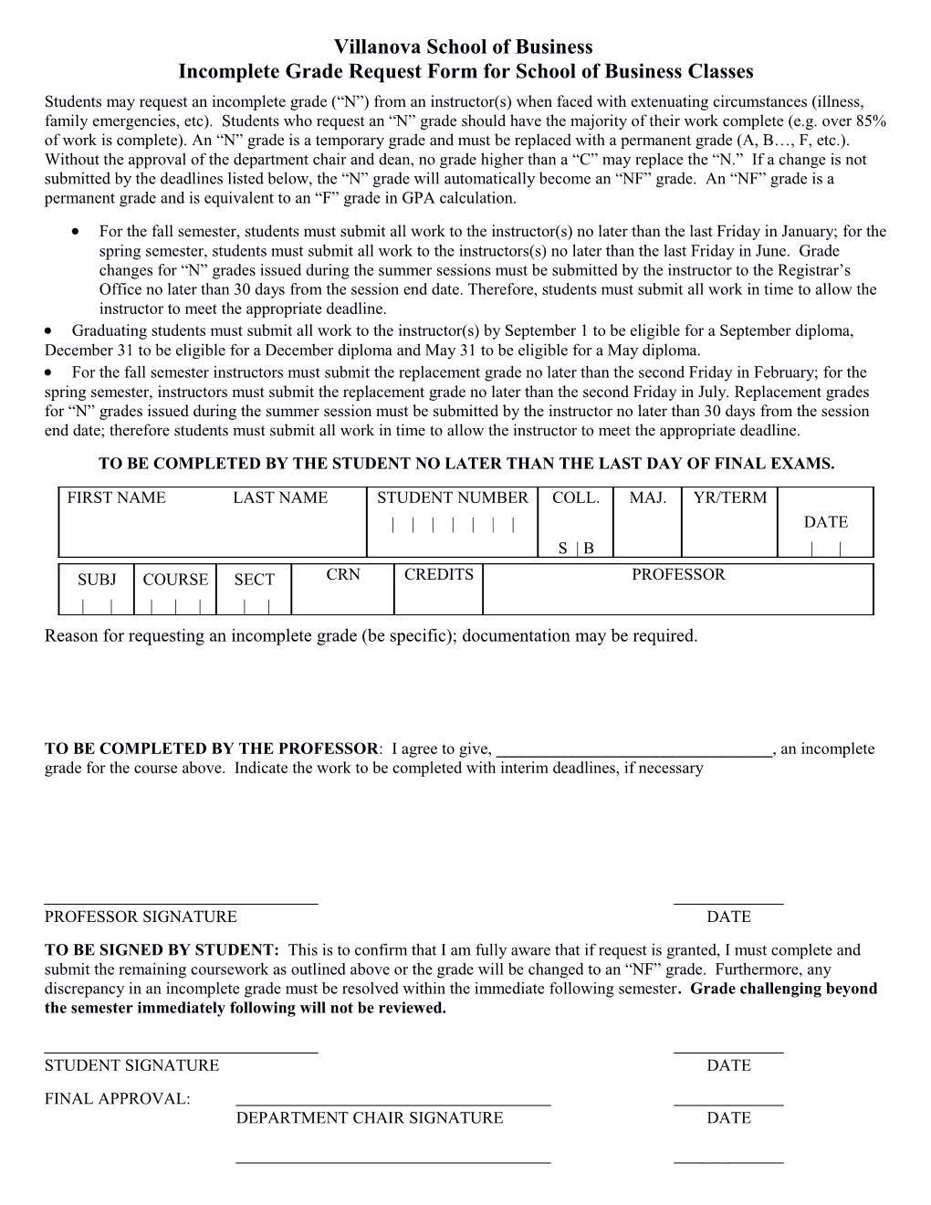 Incomplete Grade Request Form for School of Business Classes