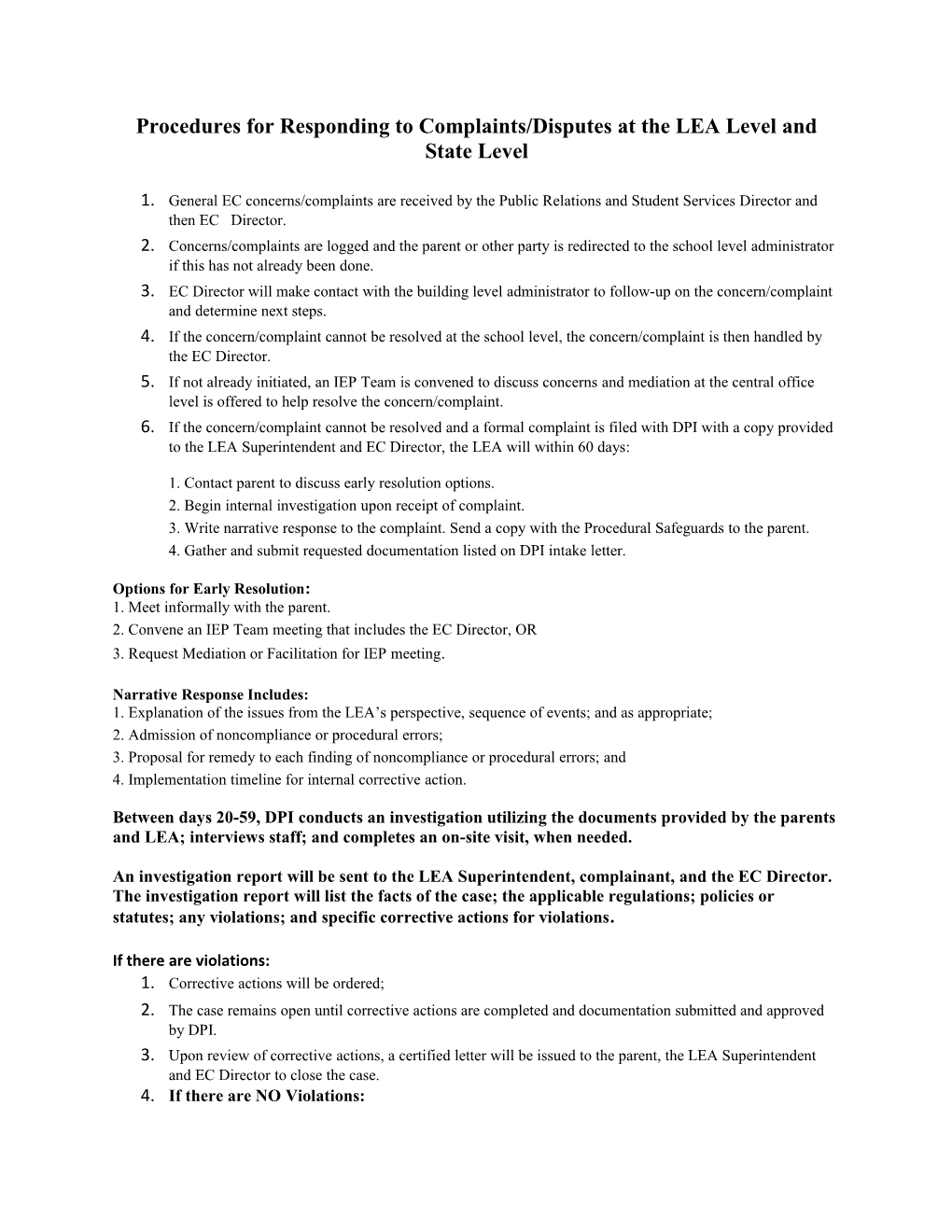 Procedures for Responding to Complaints/Disputes at the LEA Level and State Level