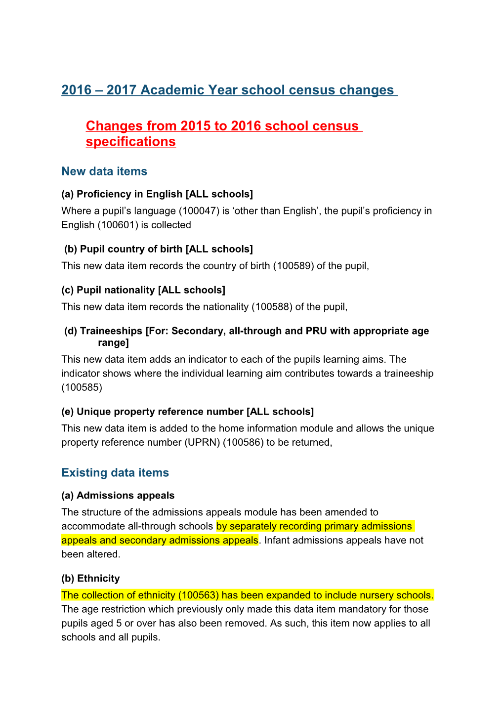 2016 2017 Academic Year School Census Changes