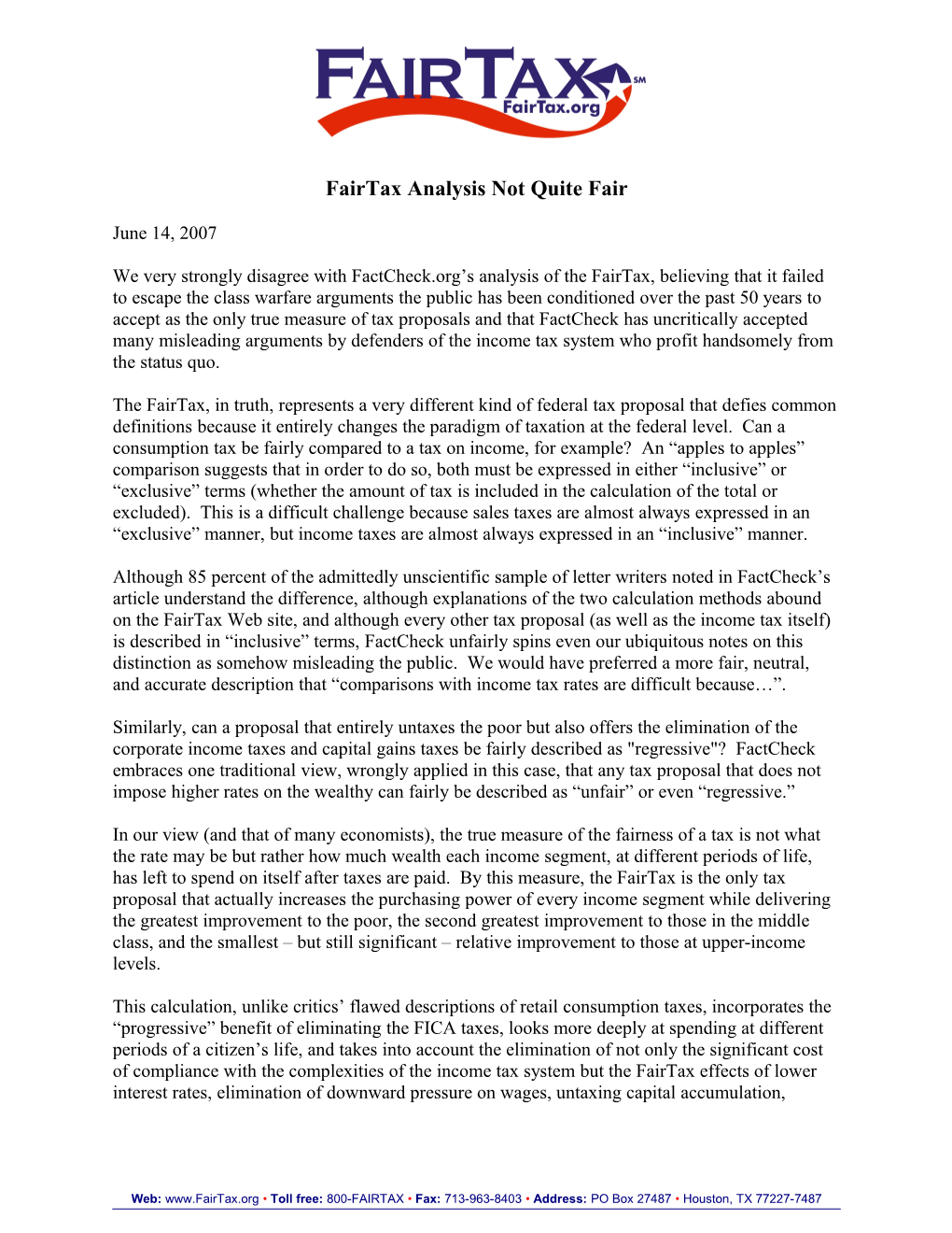 Fairtax Analysis Not Quite Fair