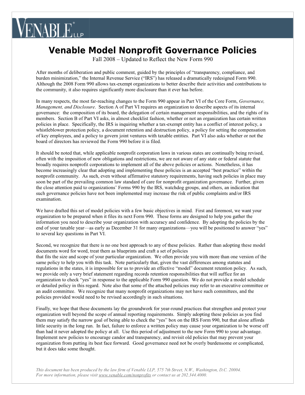 Venable Model Nonprofit Governance Policies