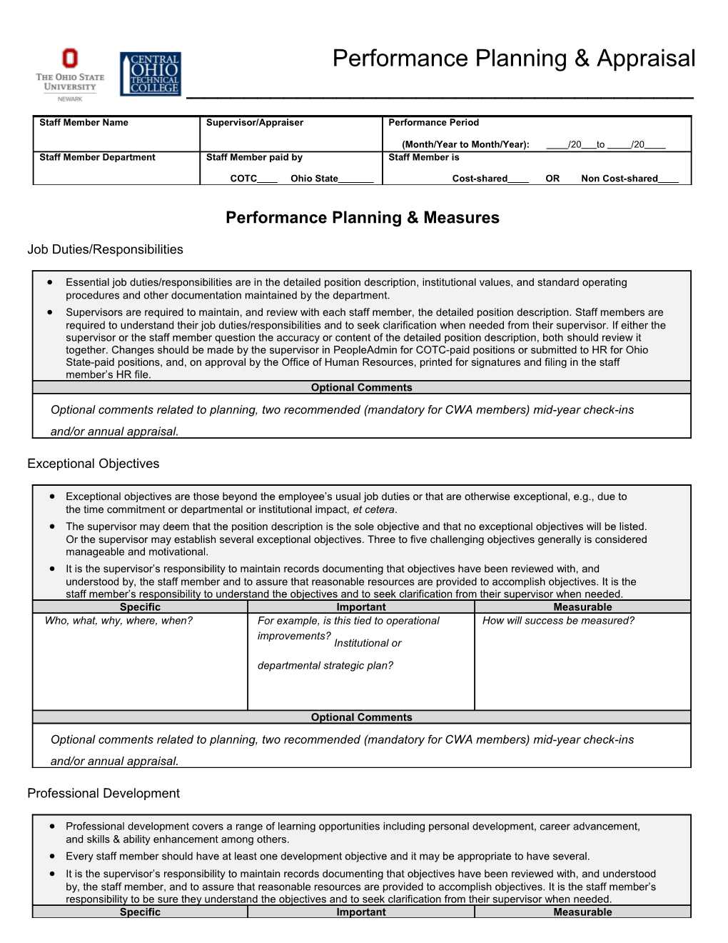 Ohio State Newark and COTC Performance Planning & Appraisal Form