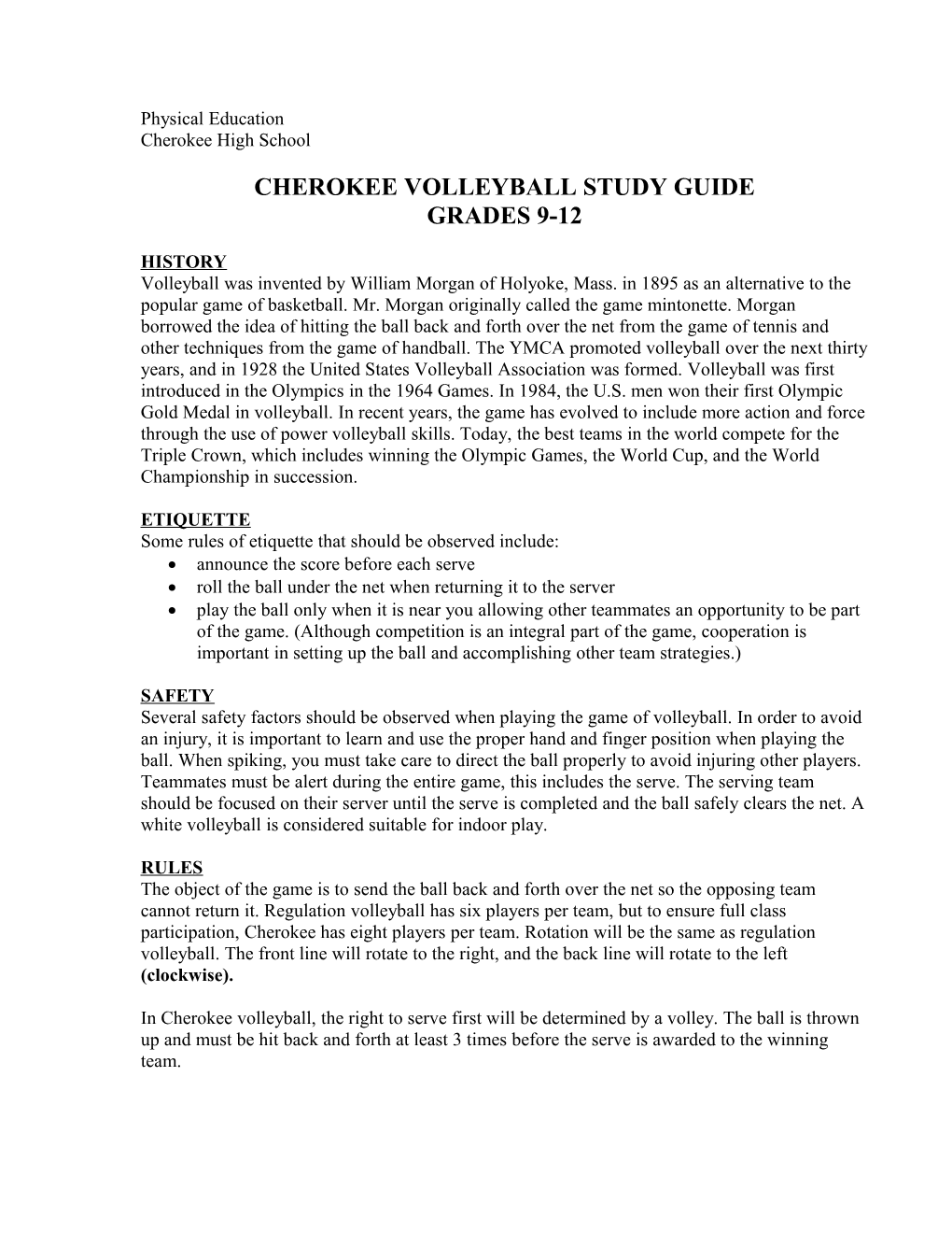Cherokee Volleyball Study Guide