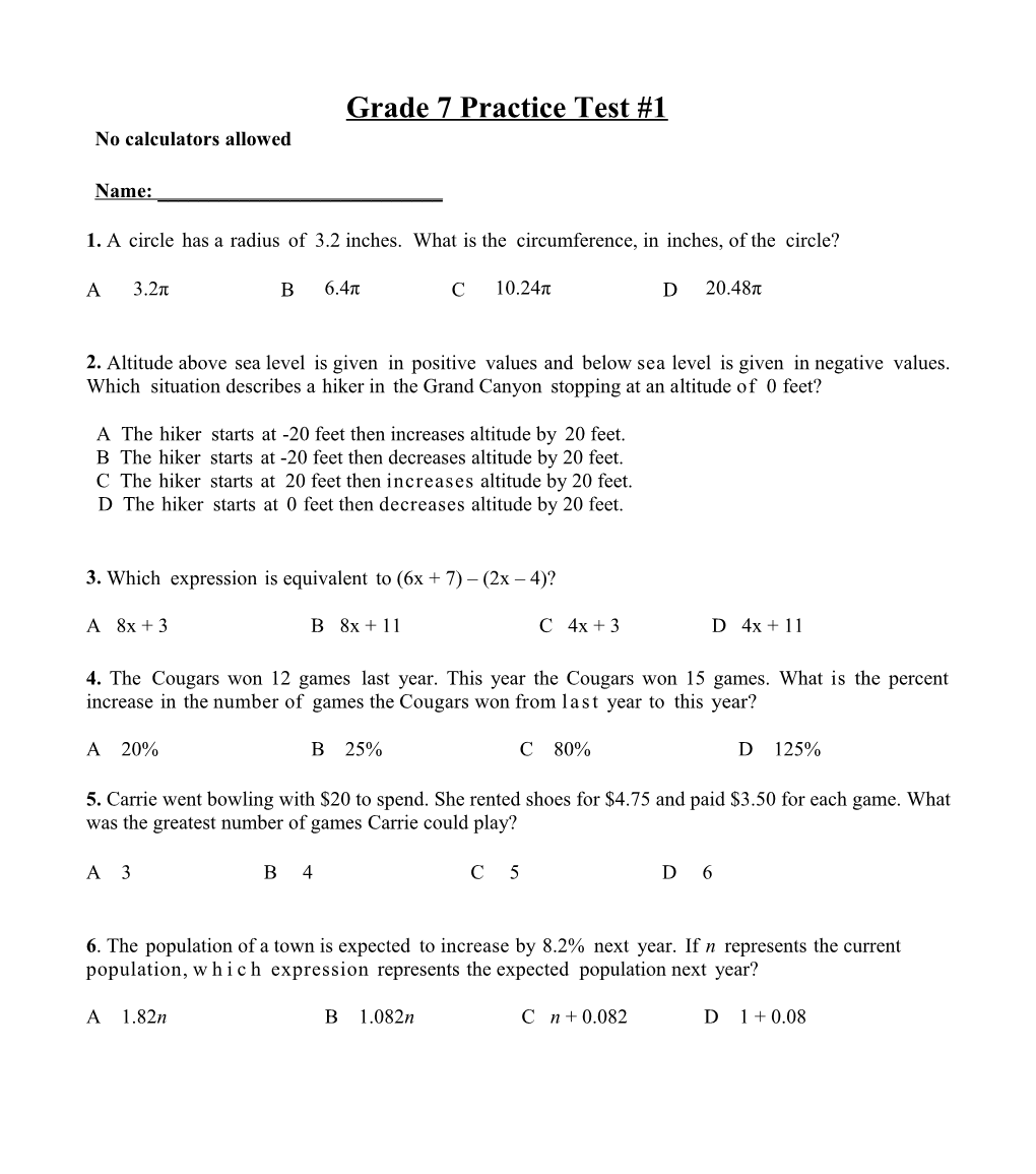 Grade 7 Practice Test #1