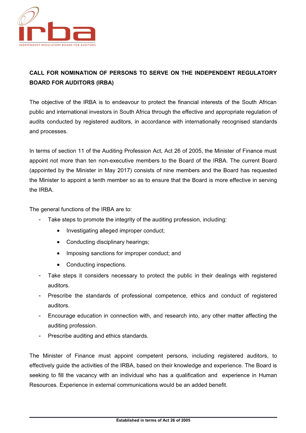 Call for Nomination of Persons to Serve on the Independent Regulatory Board for Auditors