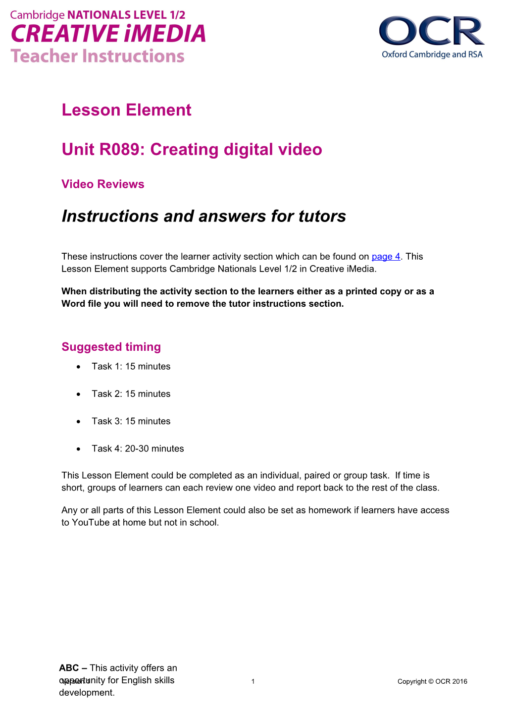 Cambridge Nationals in Creative Imedia Video Reviews Lesson Element