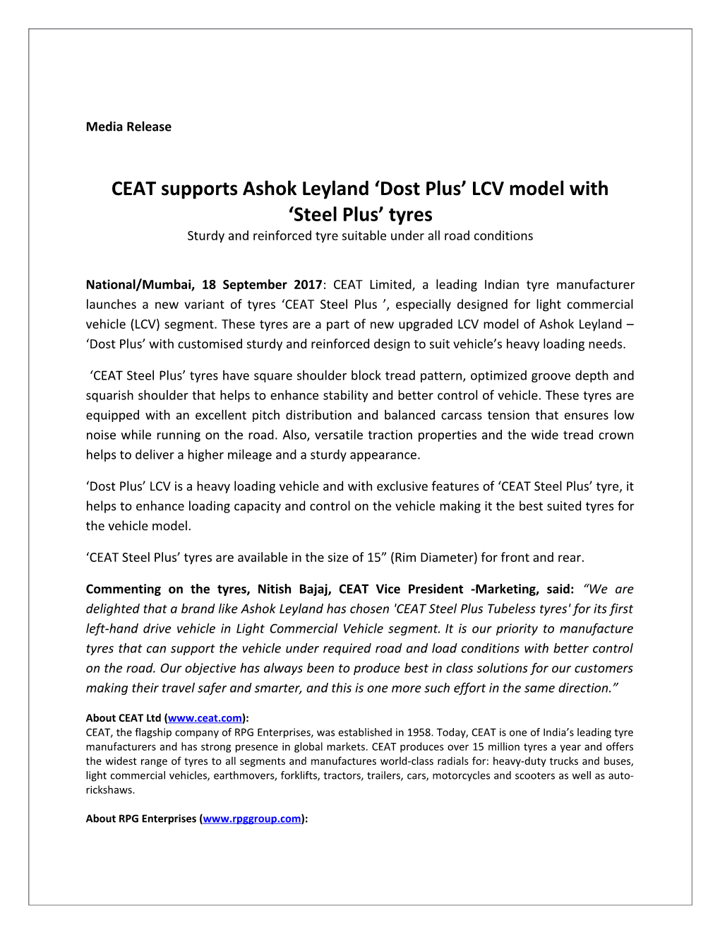 CEAT Supports Ashok Leyland Dostplus LCV Model with Steel Plus Tyres