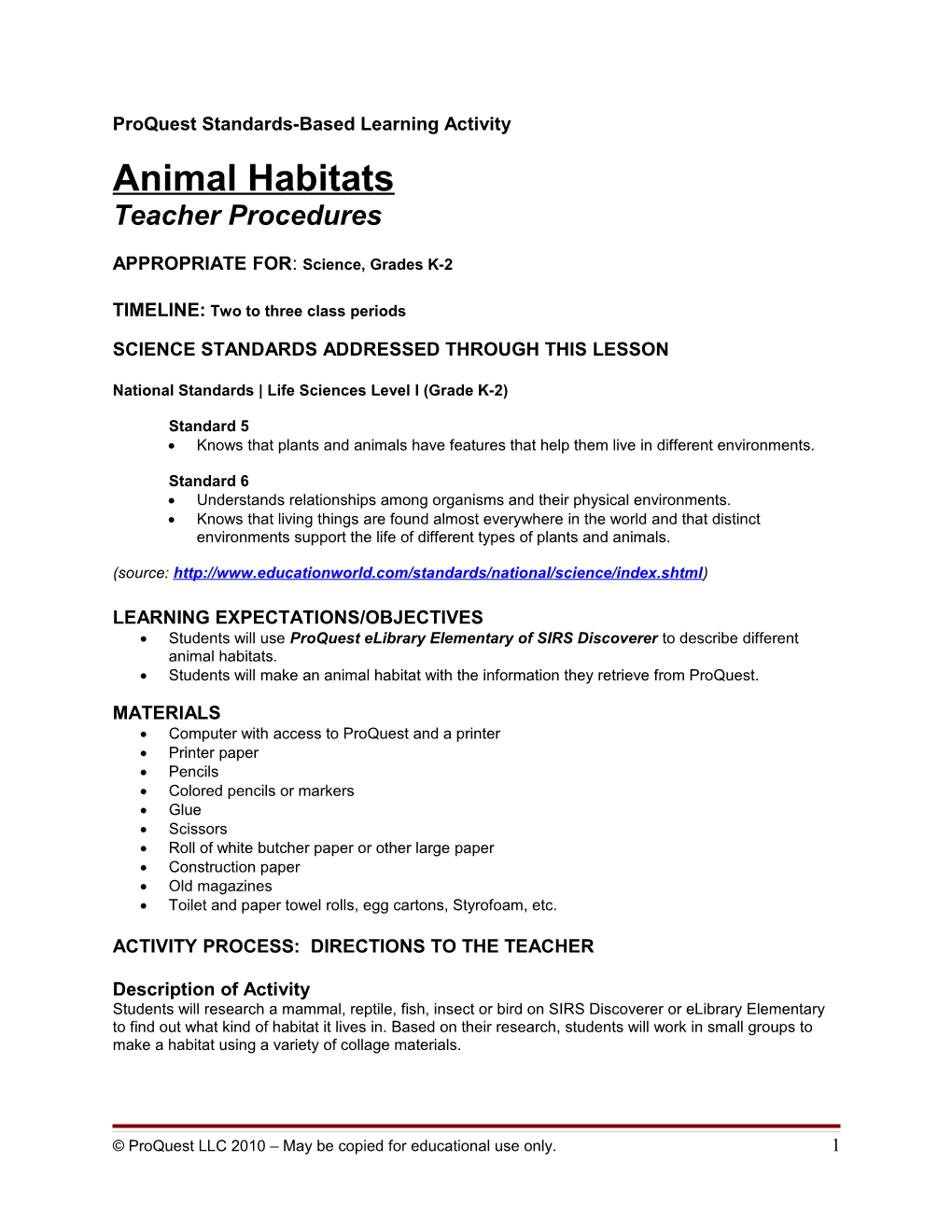 Lesson Plan: Science K-2 Animal Habitats