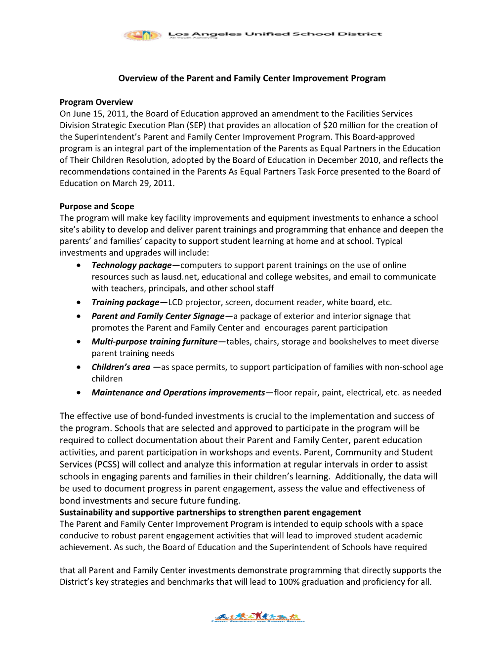 Overview of the Parent and Family Center Improvement Program