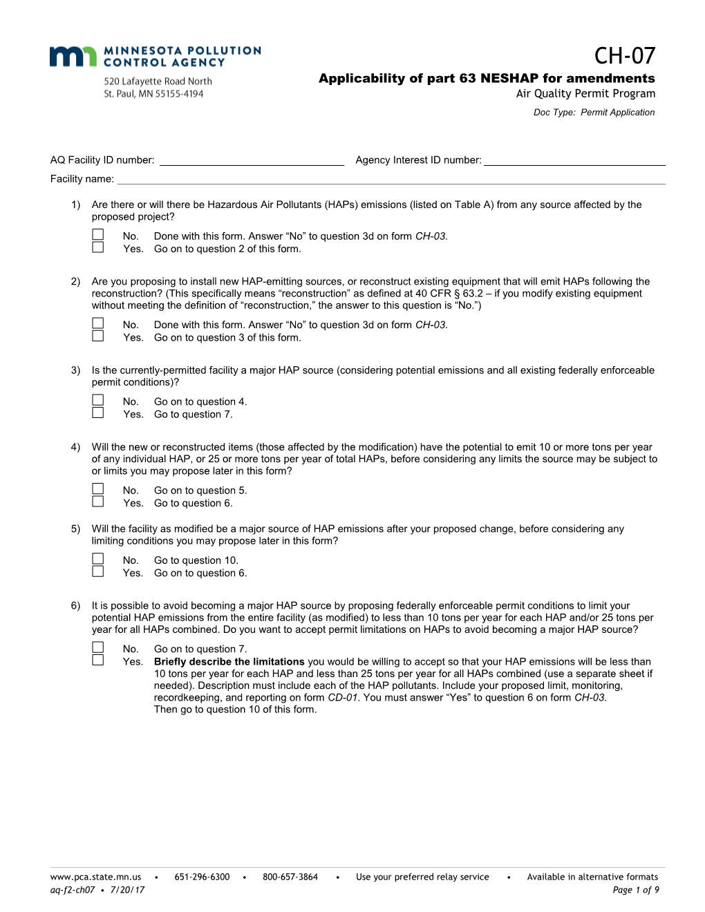 CH-07 Applicability of Part 63 NESHAP - Air Quality Permit Program - Form