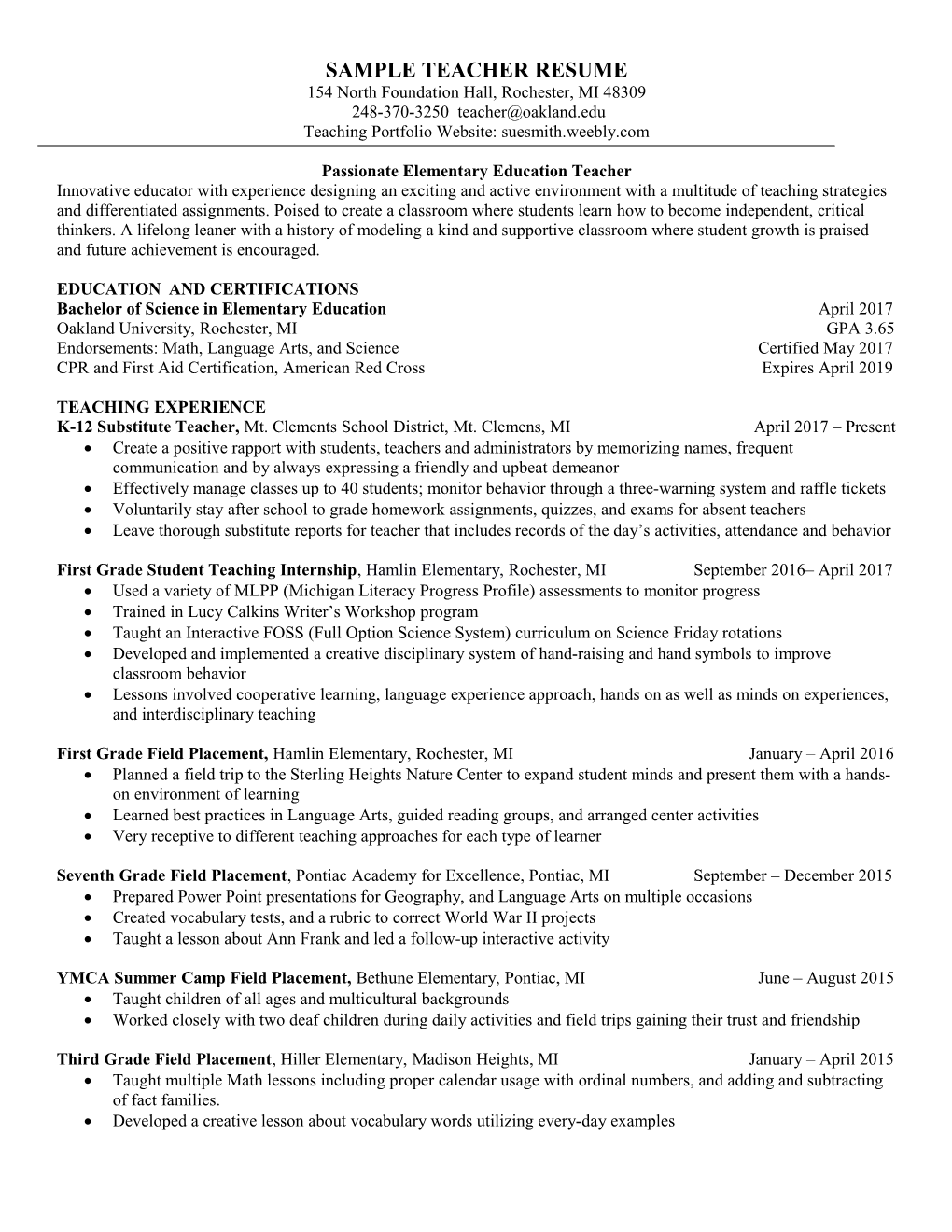 Sample Teacher Resume