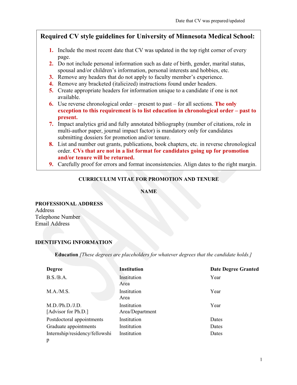 Curriculum Vitae for Promotion and Tenure