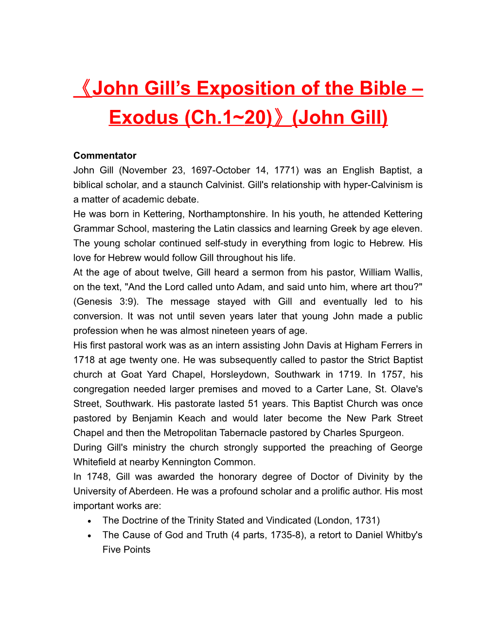 John Gill S Exposition of the Bible Exodus (Ch.1 20) (John Gill)