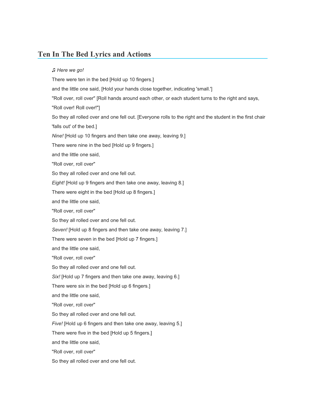 Ten in the Bed Lyrics and Actions