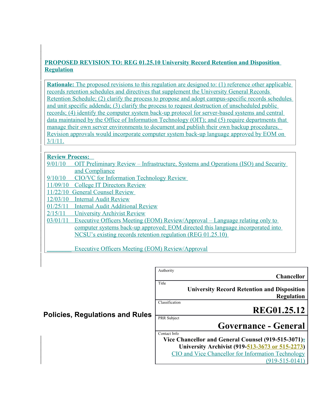 PROPOSED REVISION TO: REG 01.25.10 University Record Retention and Disposition Regulation