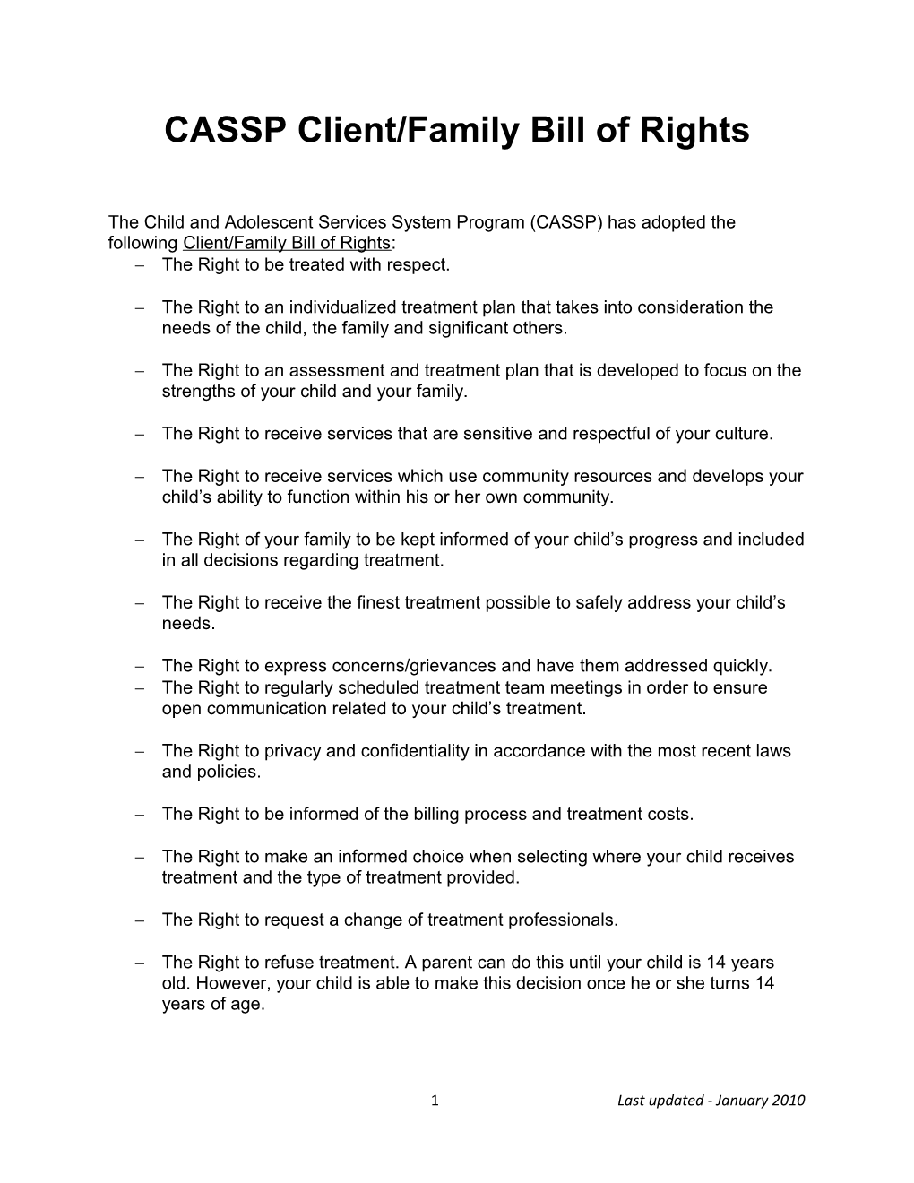 CASSP Client/Family Bill of Rights