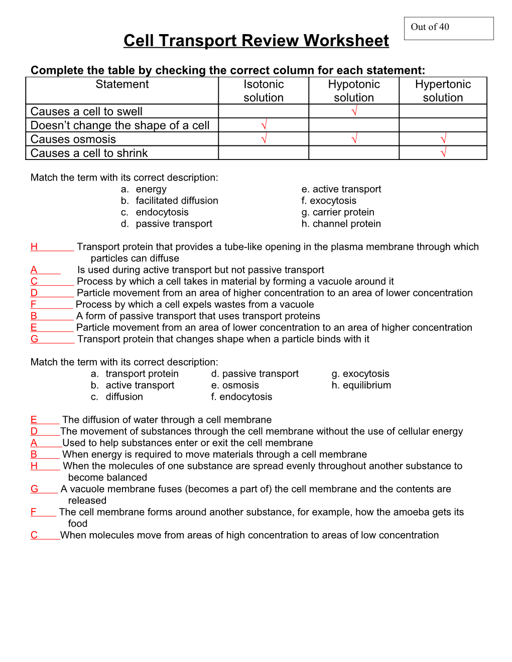 Cell Transport Review Worksheet