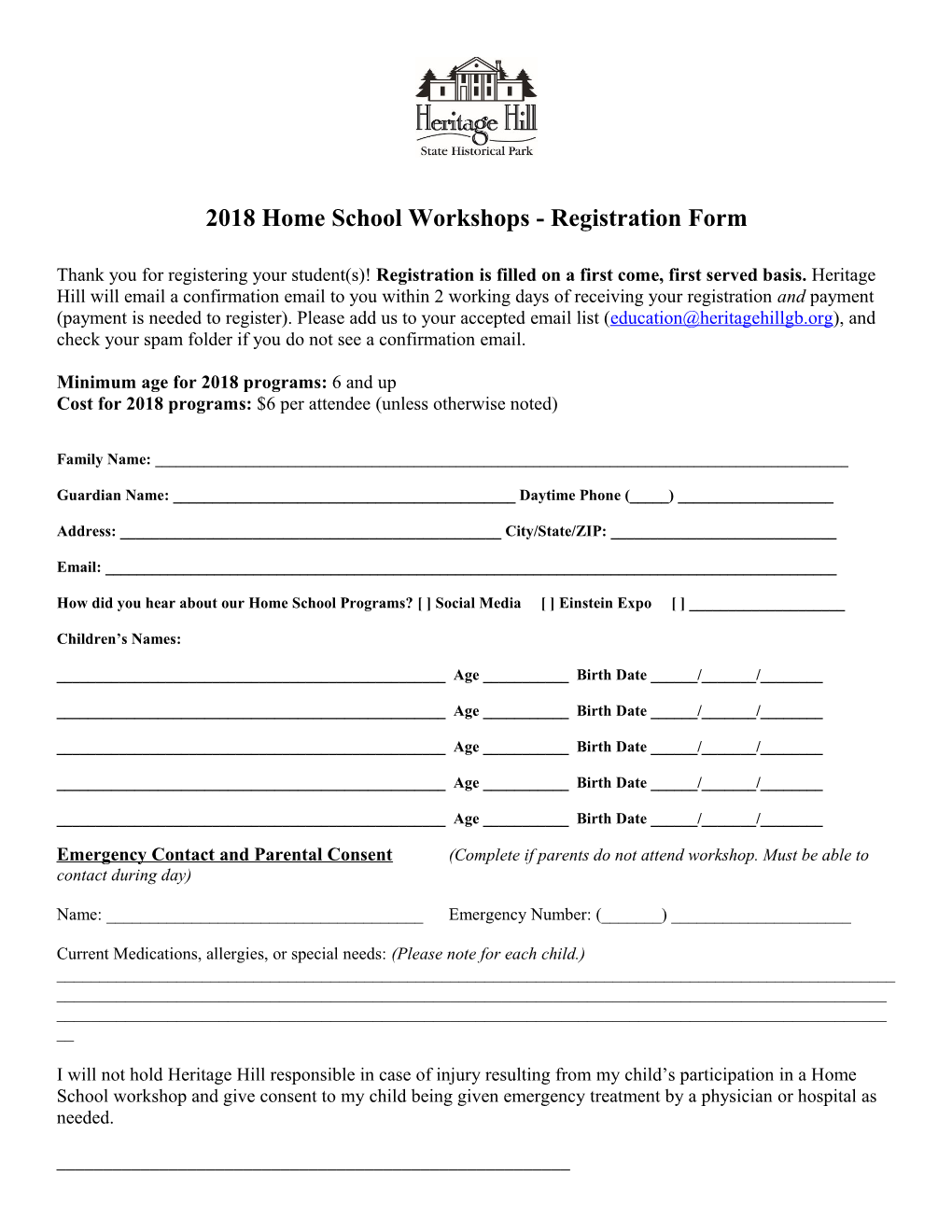 2018 Home School Workshops - Registration Form