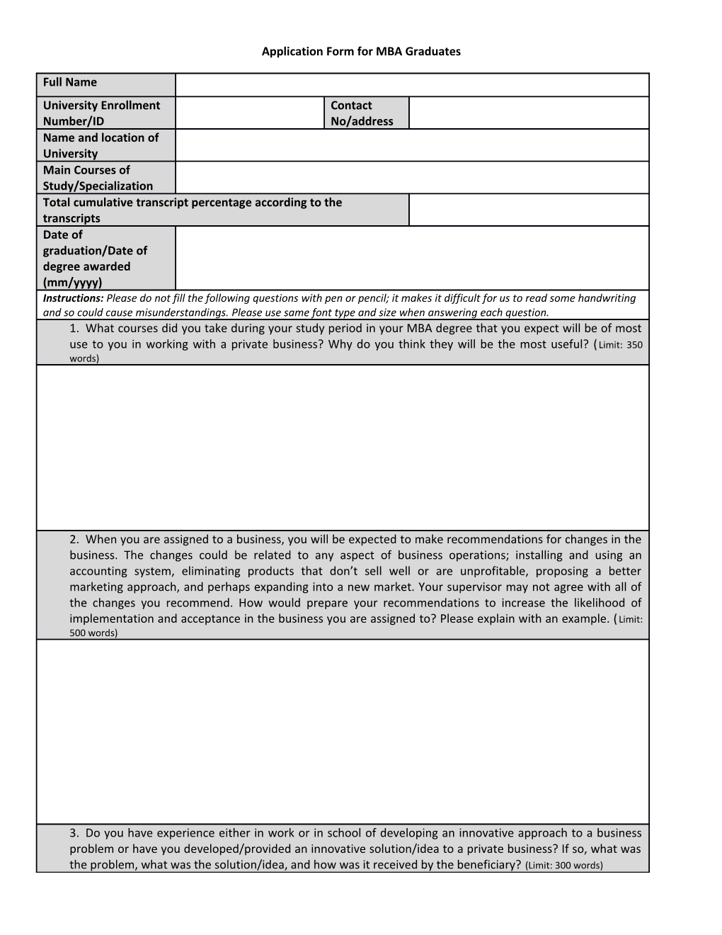 Application Form for MBA Graduates