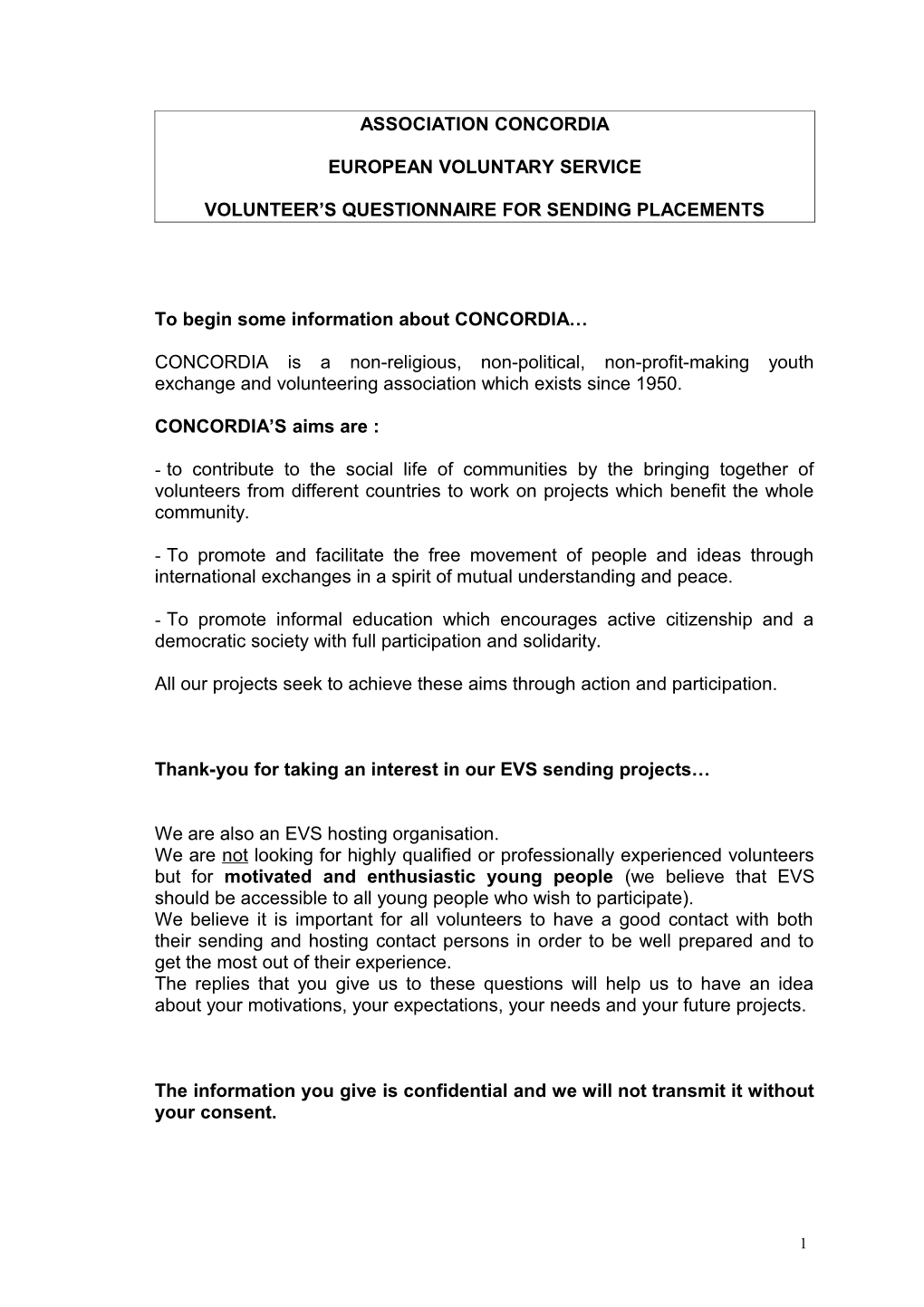 Volunteer S Questionnaire for Sending Placements
