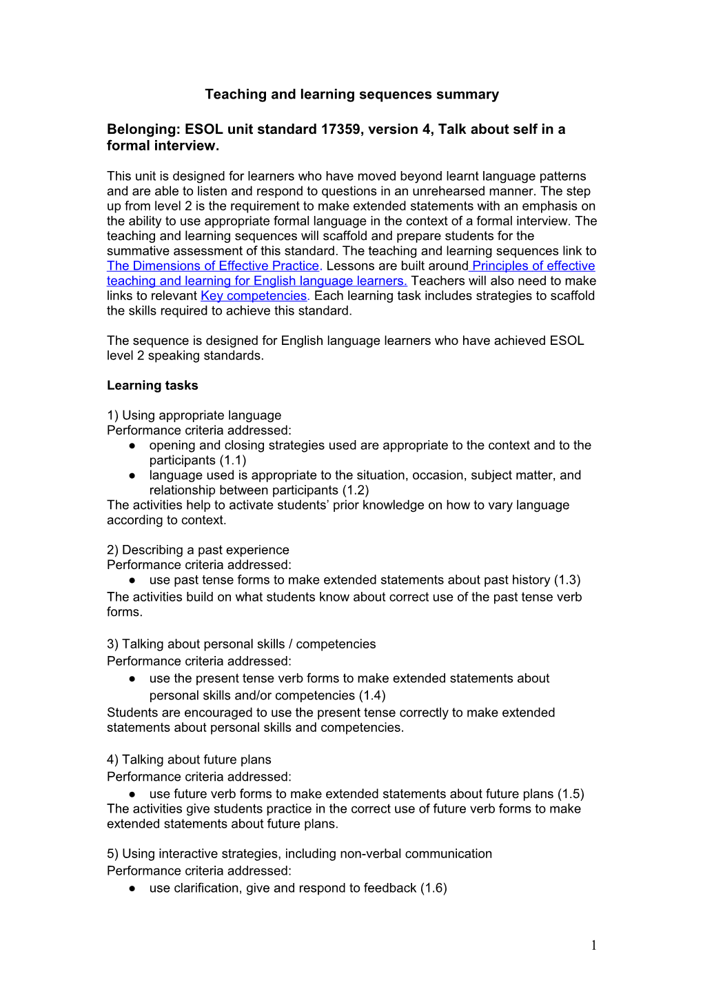 Teaching and Learning Sequences Summary