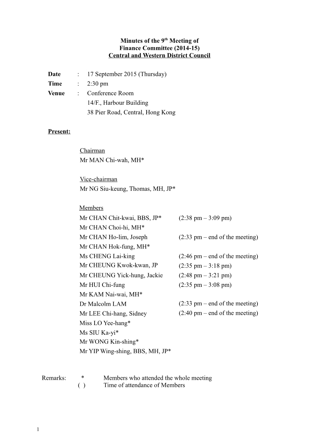 Minutes of the 9Th Meeting of Finance Committee (2014-15) Central and Western District Council