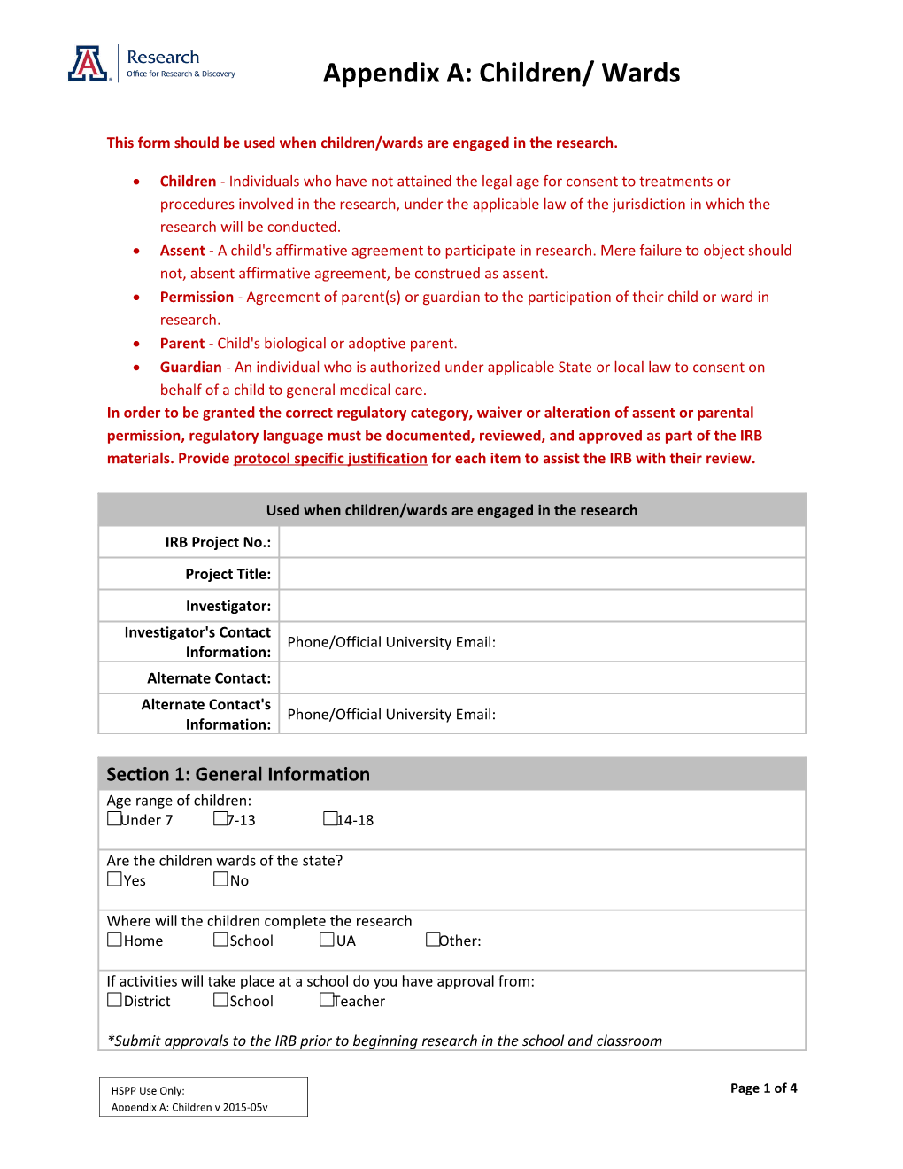 This Form Should Be Used When Children/Wards Are Engaged in the Research