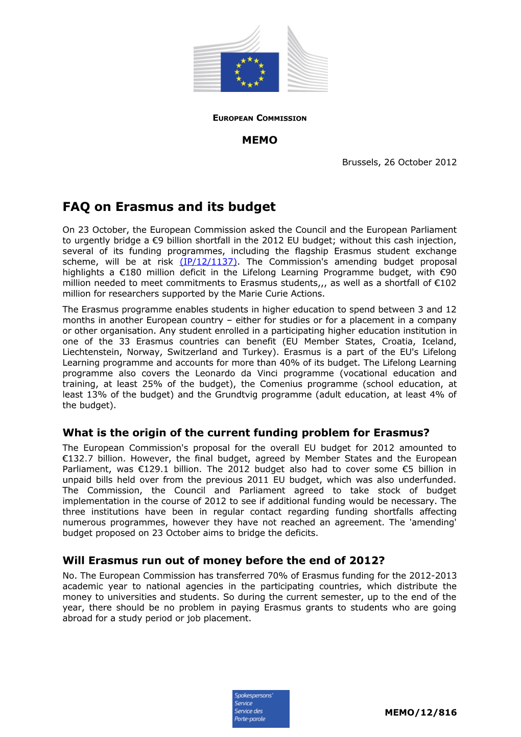 FAQ on Erasmus and Its Budget