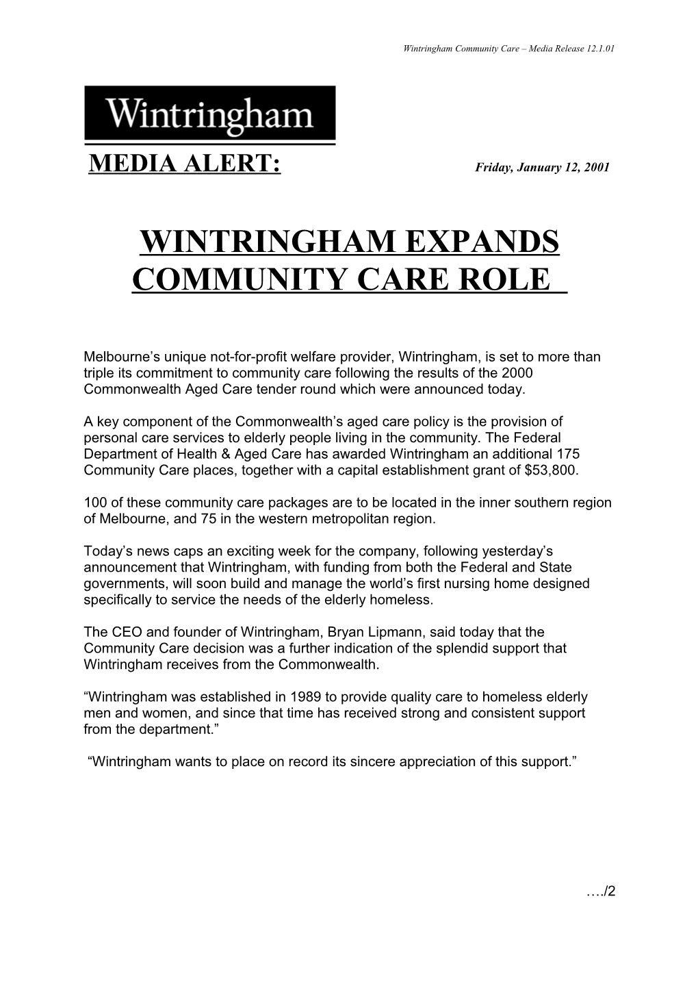 Wintringham Expands Community Care Role