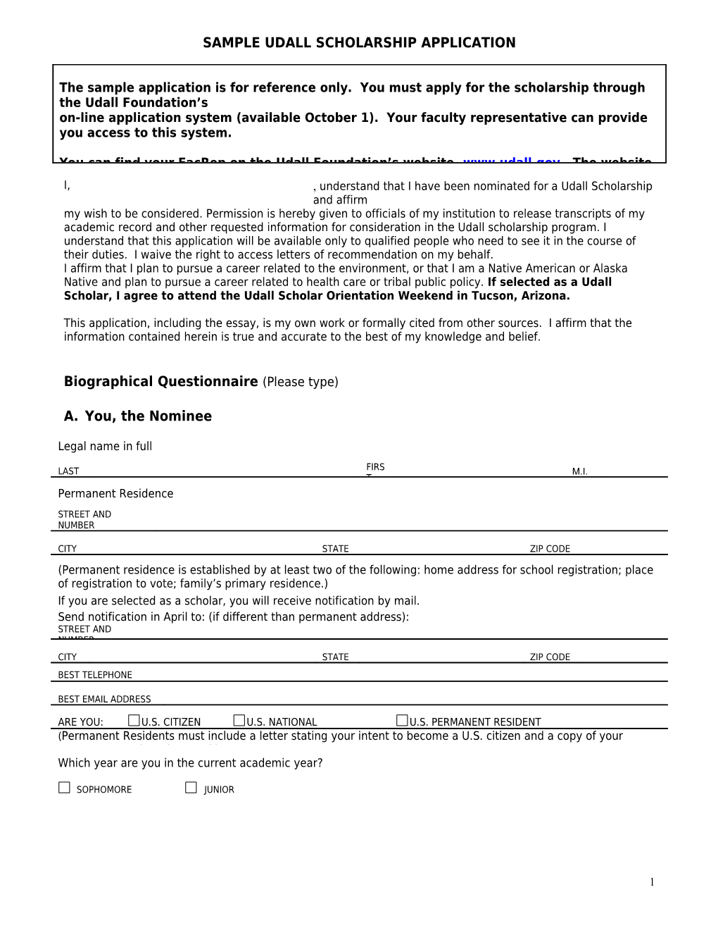 Sample Udall Scholarship Application