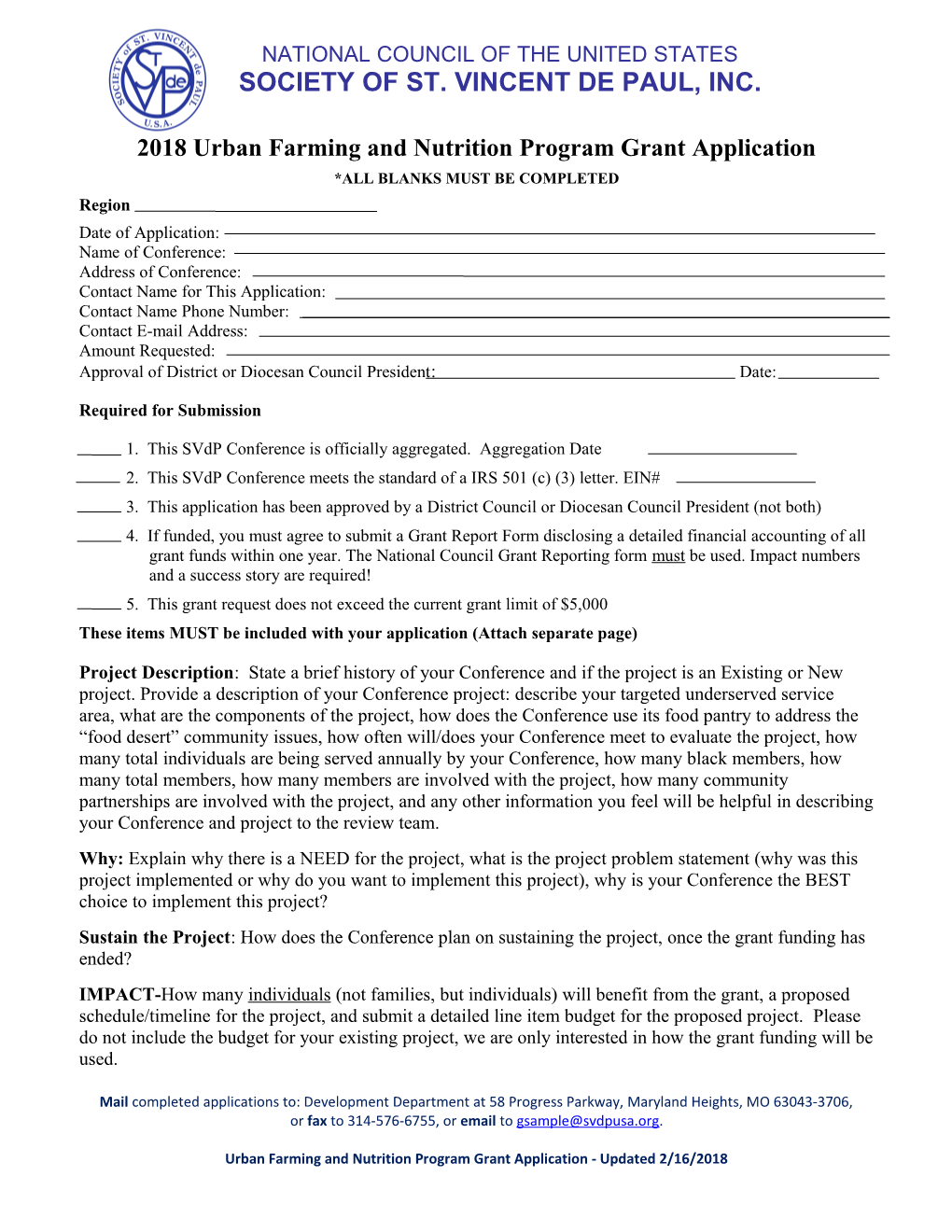2018 Urban Farming and Nutrition Program Grant Application