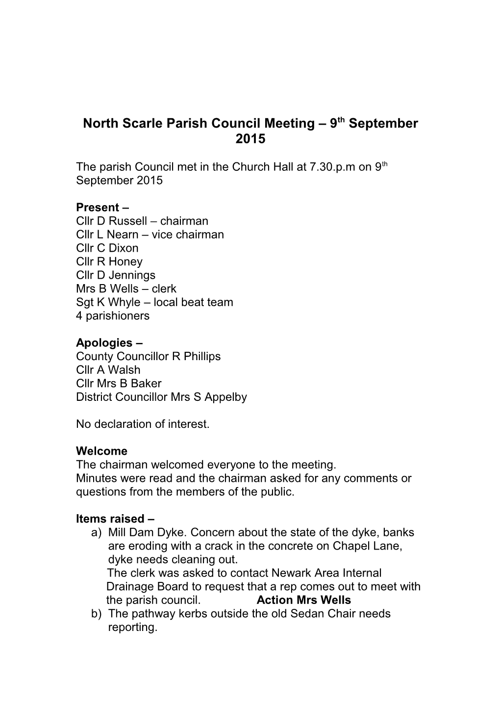 North Scarle Parish Council Meeting 9Th September 2015